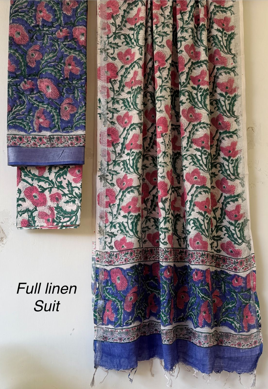Elegant Blue & White Hand Block with Pink Print Dress Material