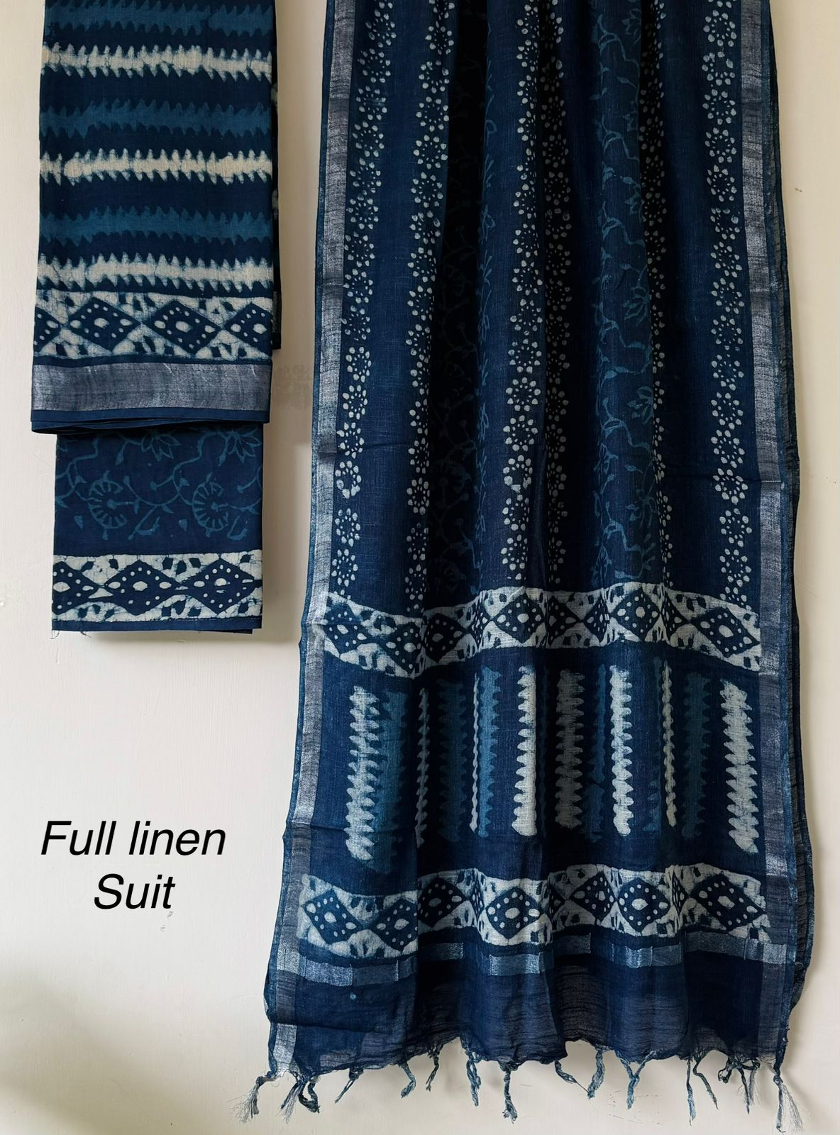 Elegant Linen Hand Block Indigo Blue Material Print Dess