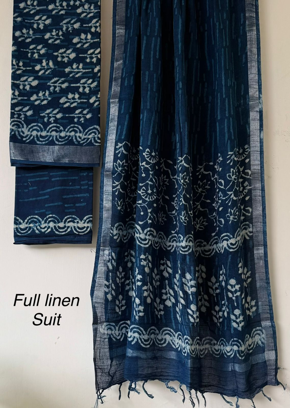 Elegant Indigo Linen Hand-Block Printed Silver Zari Border Dress Material