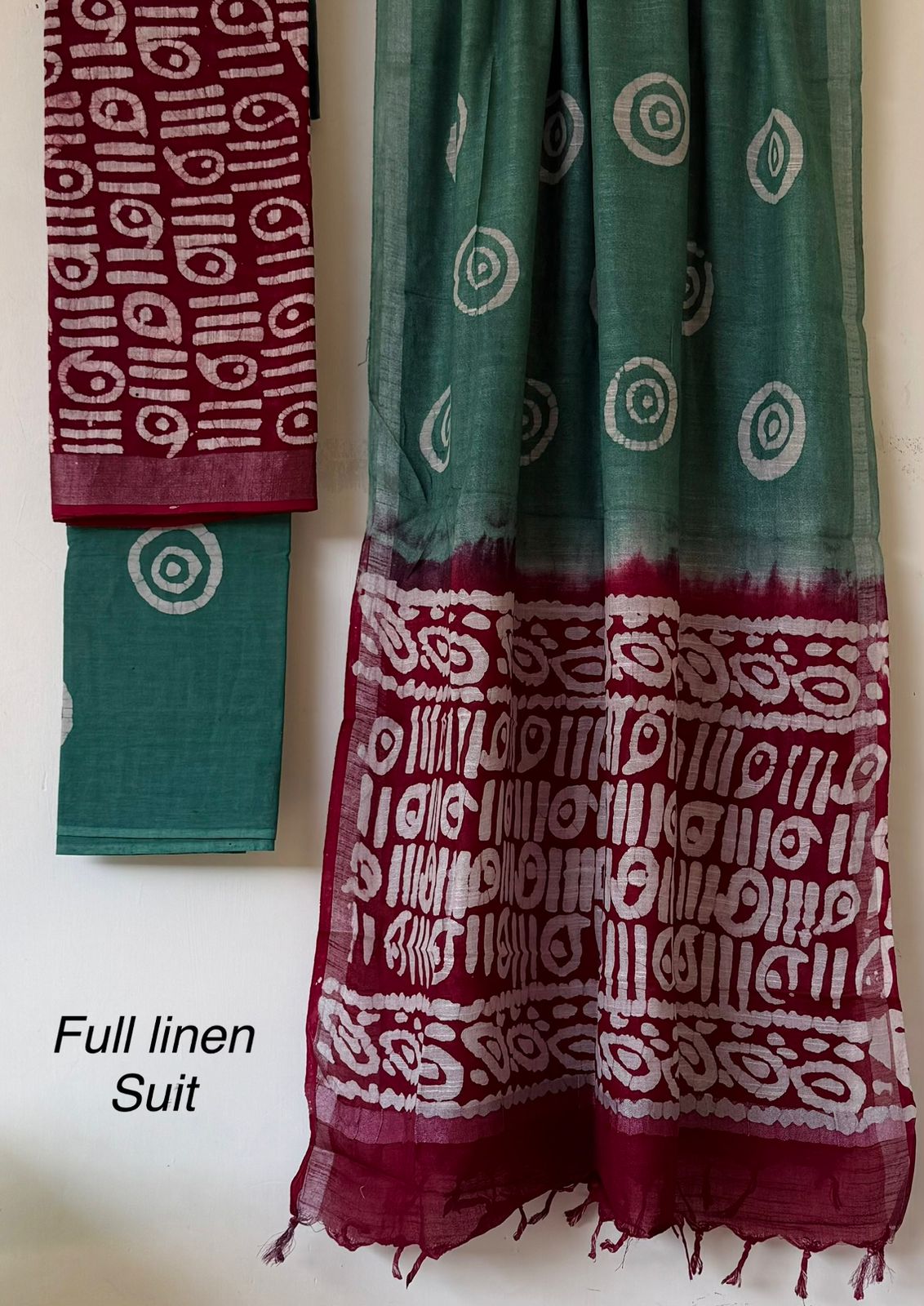 Elegant Teal Green & Maroon Linen Hand Block Material Print Dress