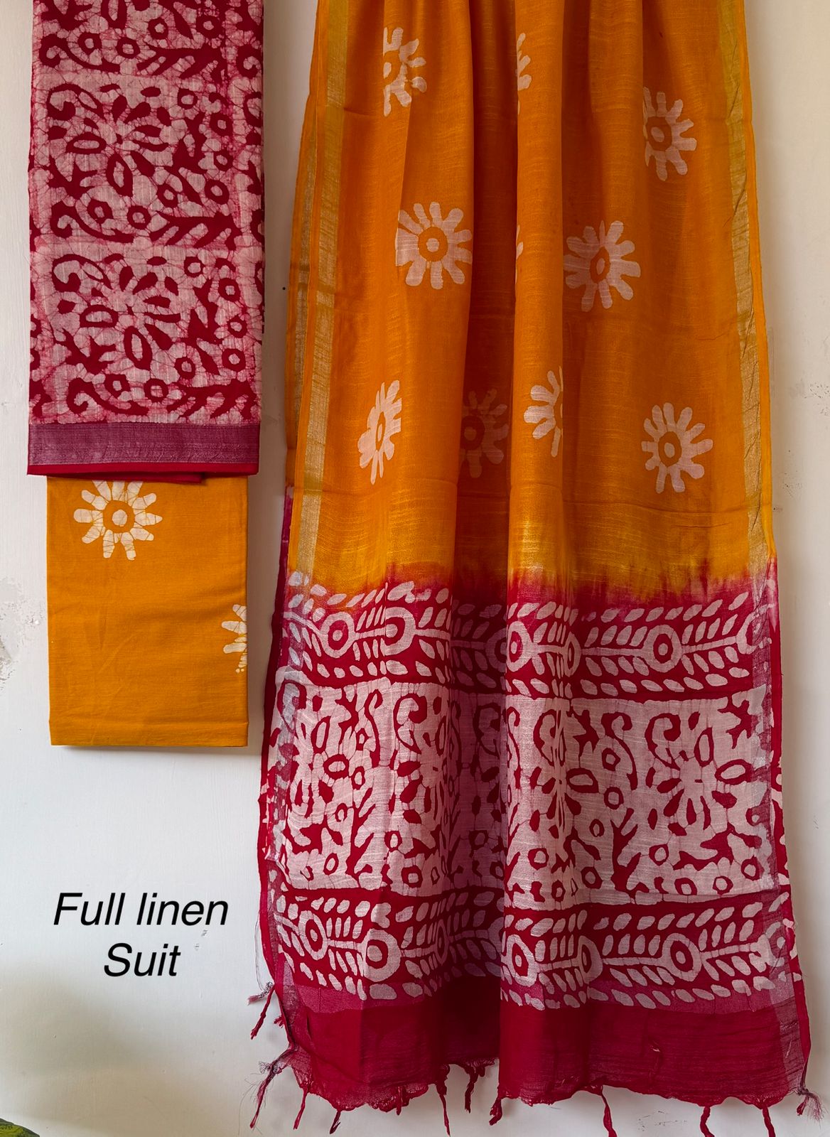 Elegant Yellow & Maroon Linen Hand Block Print Dress Material
