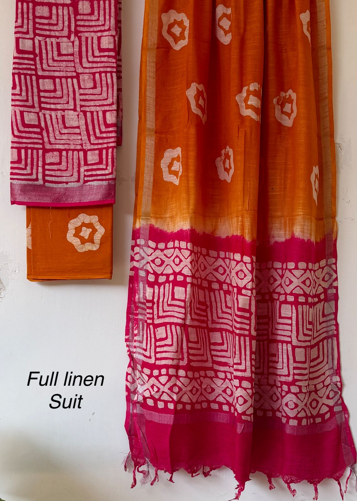 Elegant Orange & Magenta Linen Hand Block Print Dress Material