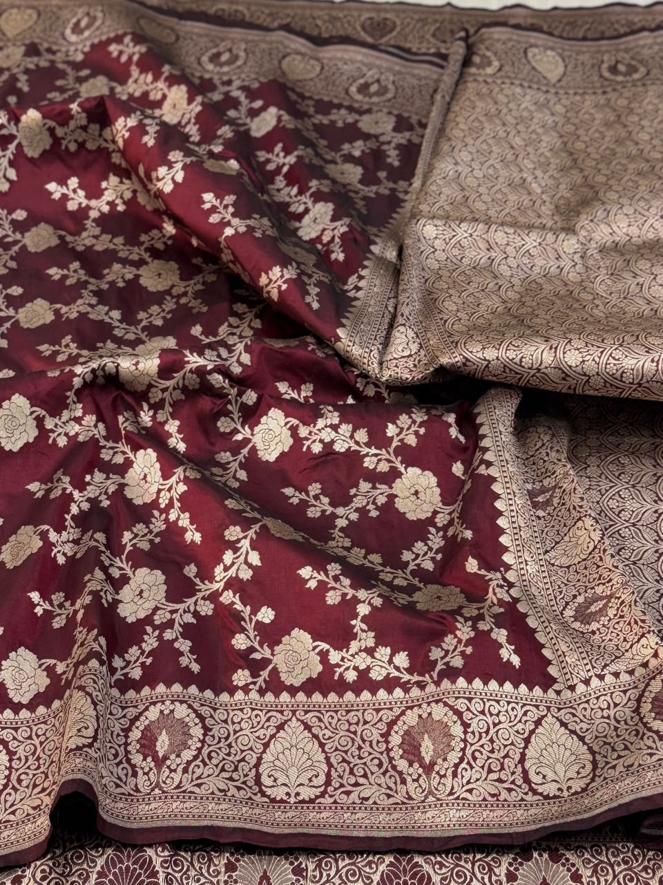 Handloom Banarasi Pure Katan Jangla Silk Saree Maroon with Antique Zari Border