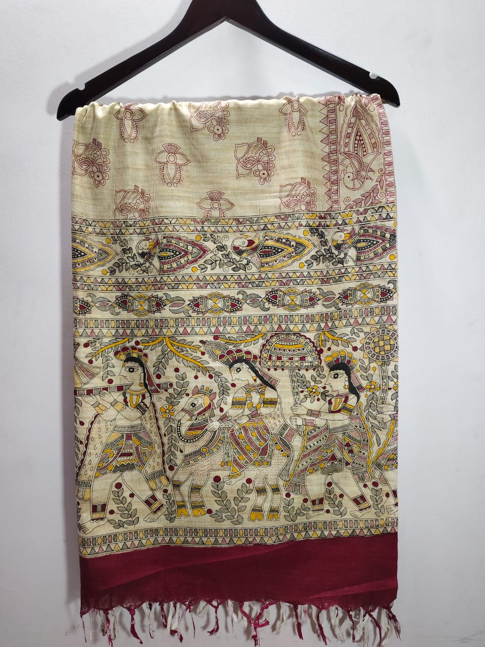 Madhubani Folk Art Tussar Silk Dupatta Deep Maroon Border & Divine Radha Krishna