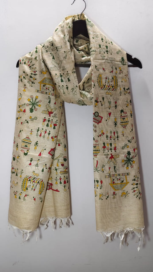 Madhubani Warli Folk Art Tussar Silk Dupatta Beige Tribal Village Life Floral