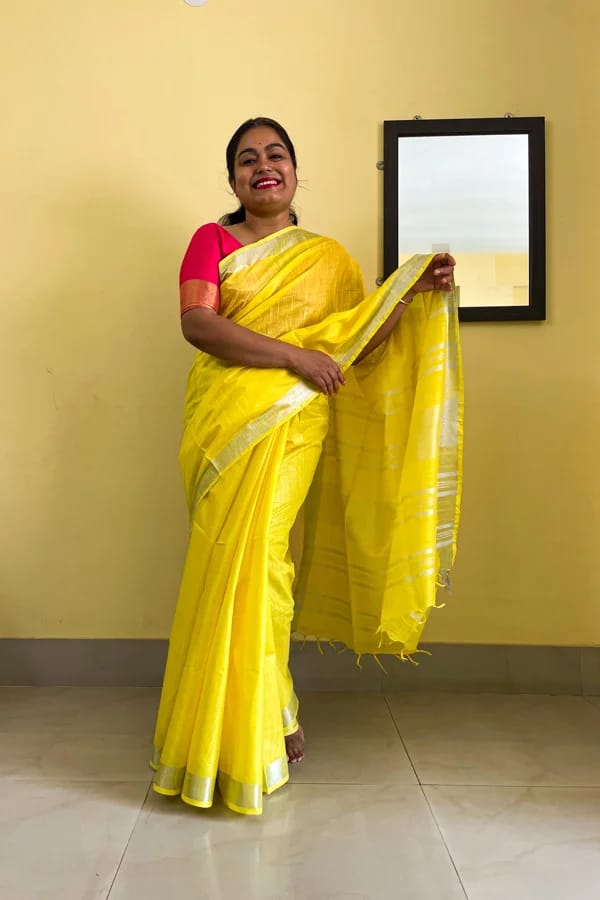 Elegant Linen Saree with Red Contrast Bright Yellow And Silver Border & Designer Pallu