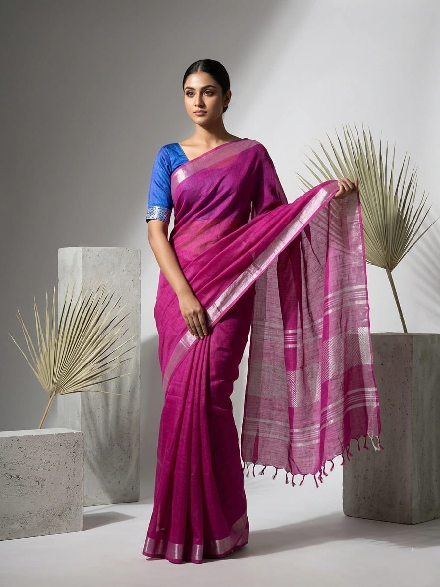 Elegant Linen Saree with Contrast Silver Border Dark Pink with Designer Pallu