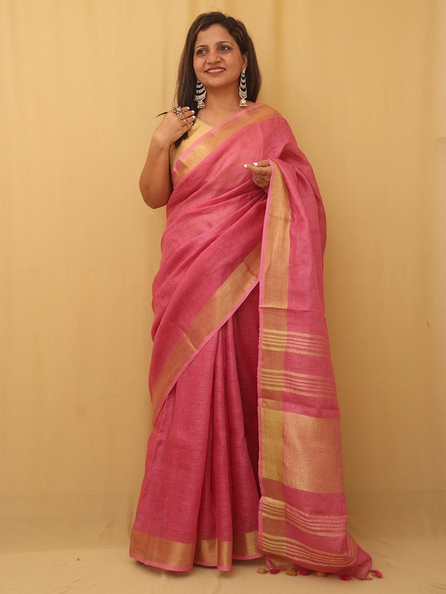 Elegant Linen Saree with Rose Pink Contrast Border & Designer Pallu |
