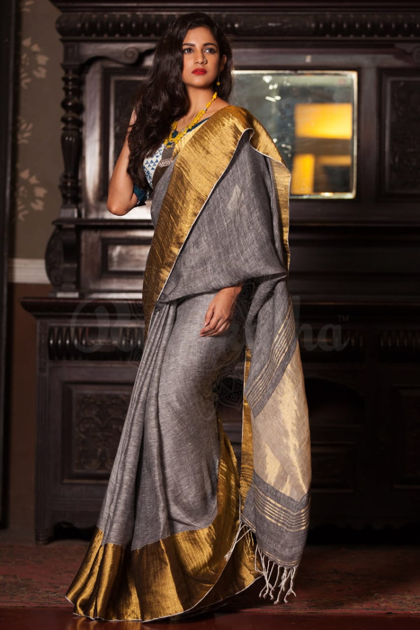 Elegant Steel Grey Melange Linen Saree with Contrast Border & Designer Pallu