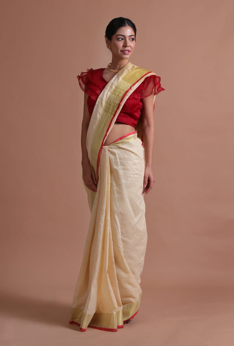 Elegant White Linen Saree Ivory White with Red Contrast Border & Designer Pallu