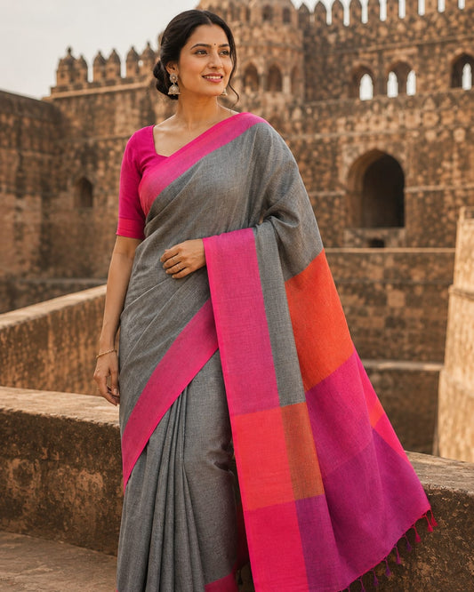 Elegant Linen Saree with Charcoal Grey Orange & Pink Contrast Border & Designer Pallu