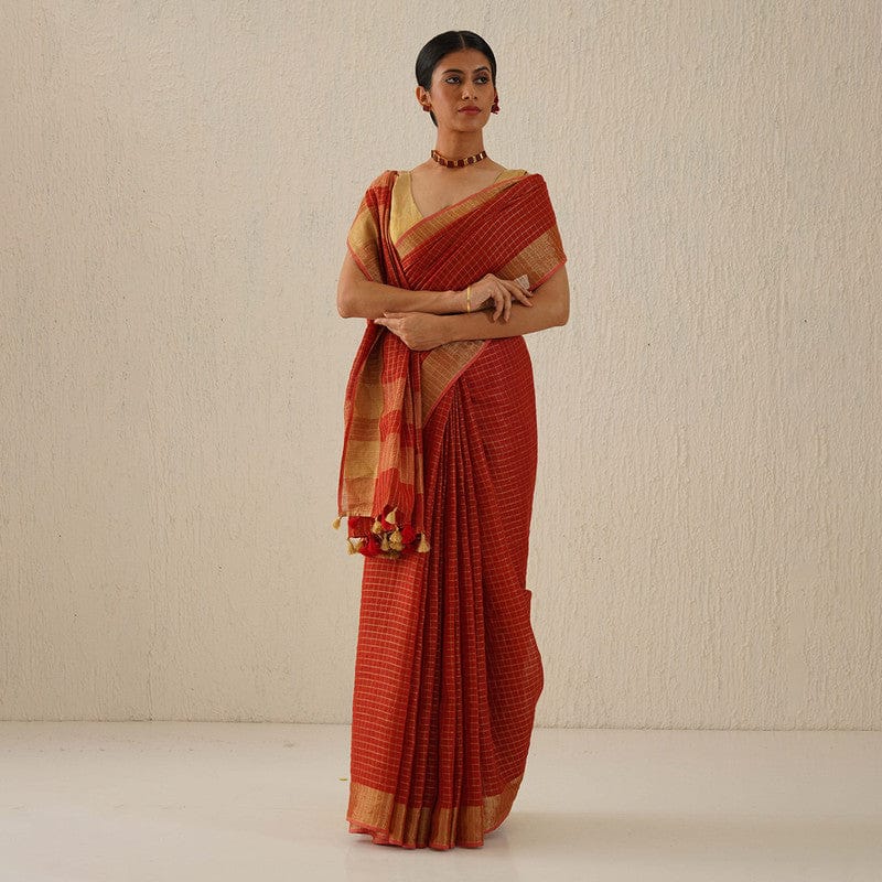 Premium woven Checks Red Linen Saree with Gold Border