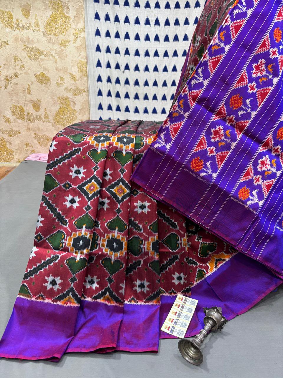Exclusive Handloom Ikat Silk Saree in Maroon Red and Royal Purple Contrast