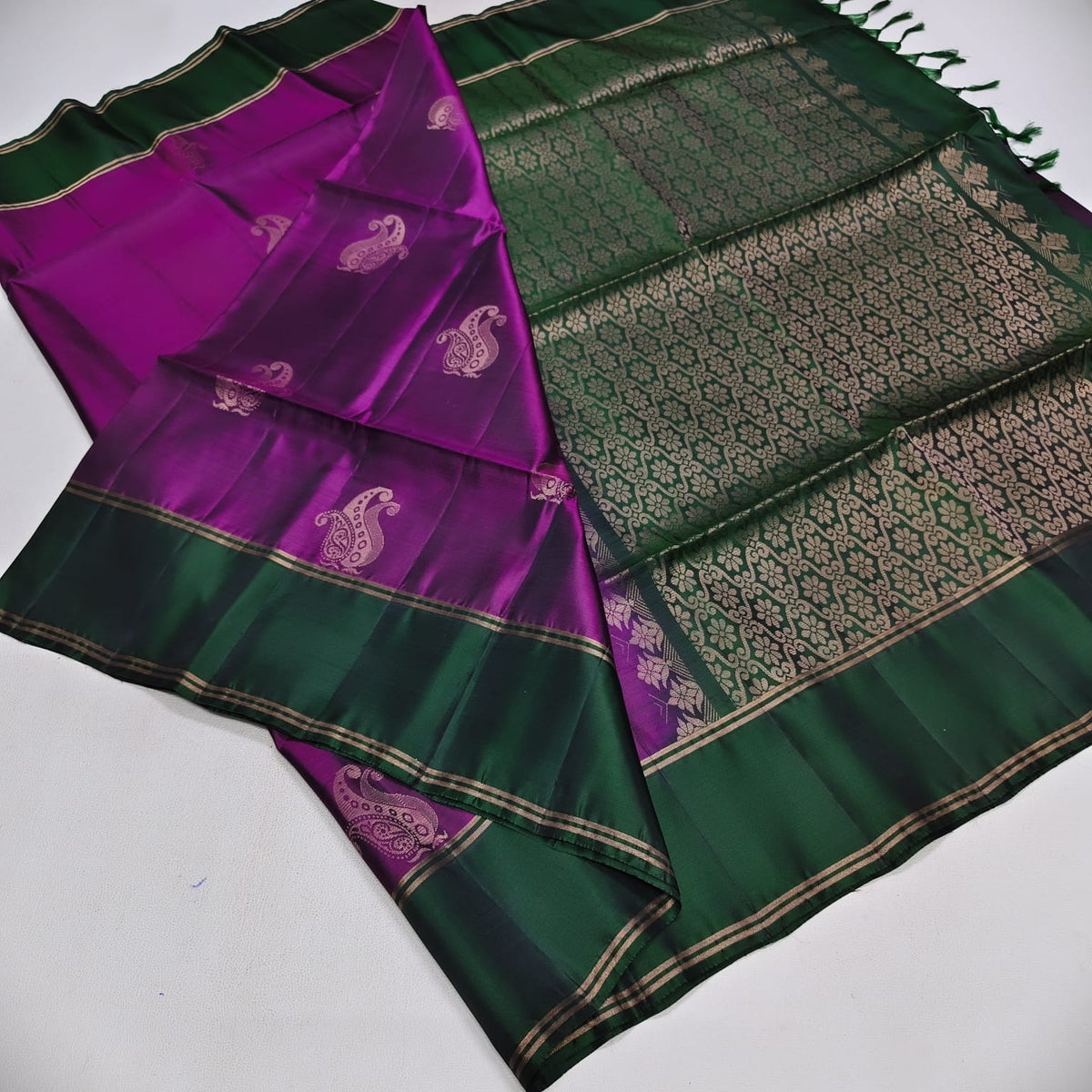 Emerald Grace Semi Silk Saree with Royal Purple & Forest Green Contrast Border & Rich Woven Pallu
