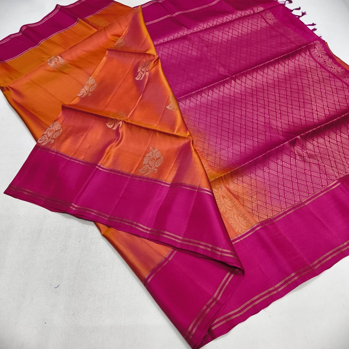 Emerald Grace Semi Silk Saree with Orange & Rani Pink Contrast Border & Rich Woven Pallu