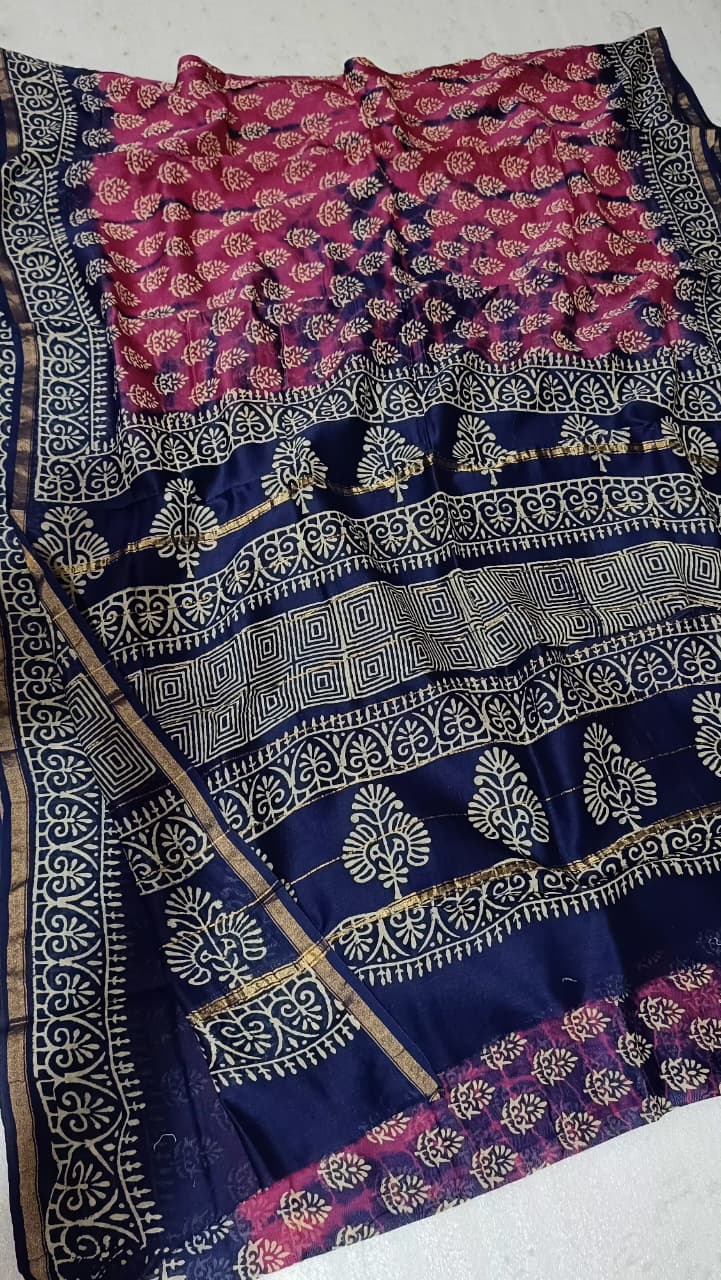 Hand Block Print Chanderi Silk Saree with Pink & Navy Blue Leaf Motifs