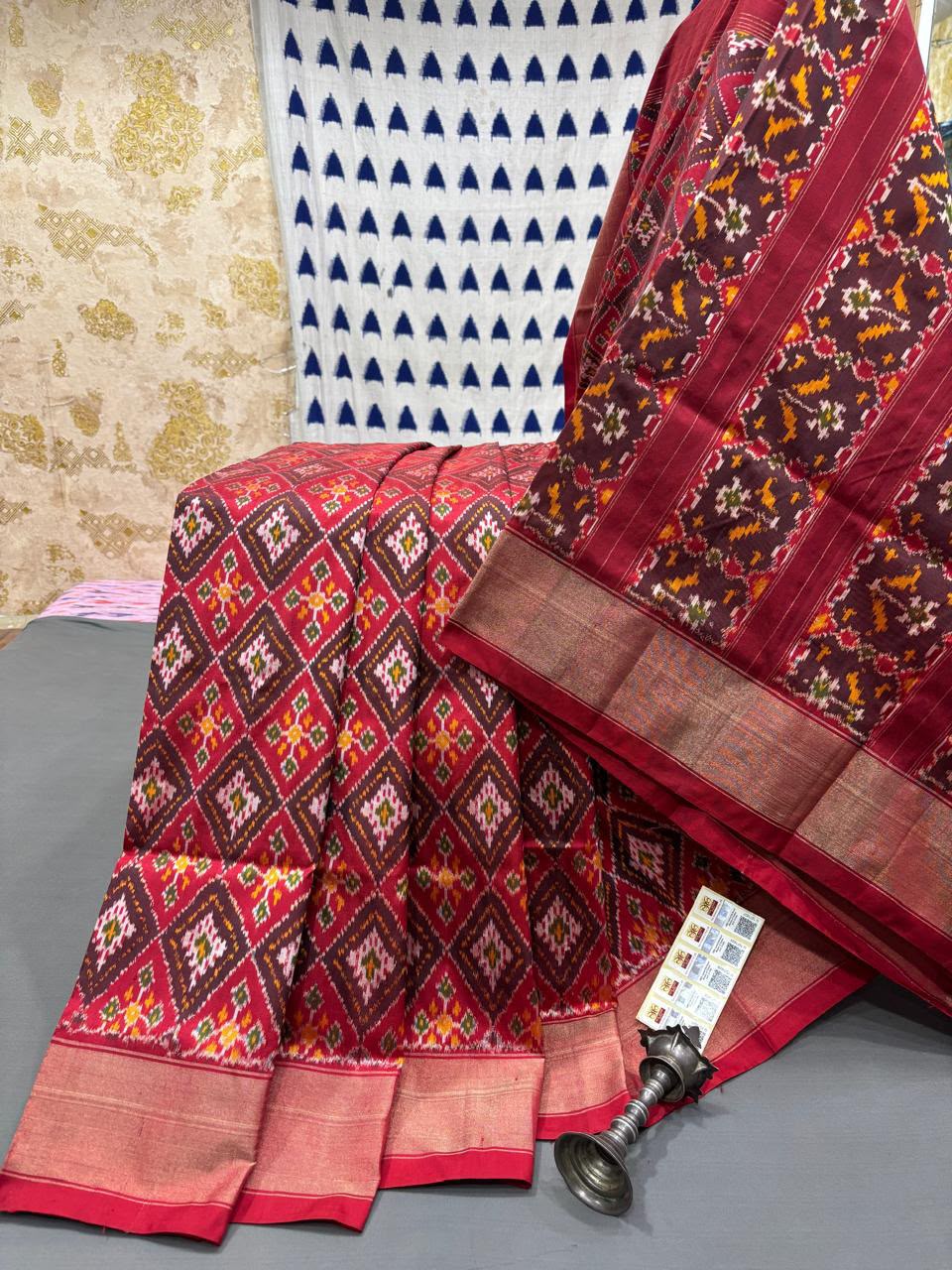 Handloom Ikkat Silk Saree - Crimson Red & Wine Maroon Diamond Patola Motifs