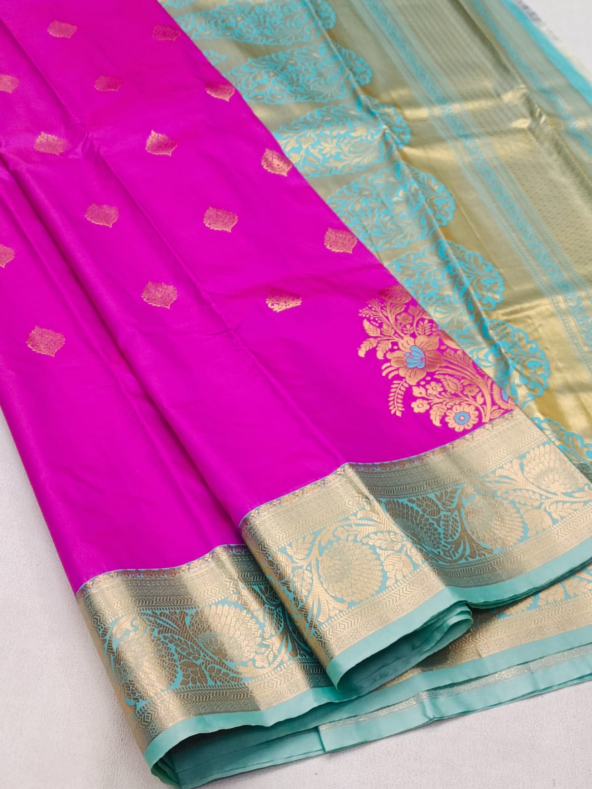 Kanchipuram Semi Silk Saree - Dark Pink & Sky Blue with Gold Floral Bouquet Motifs