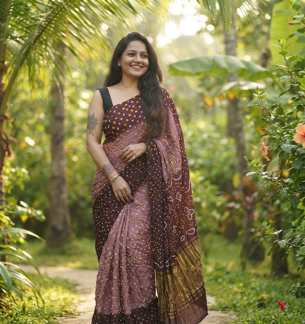 Modal Silk Bandhani Coffee - Chocolate Brown Saree with Lagdi Patta Special Pallu