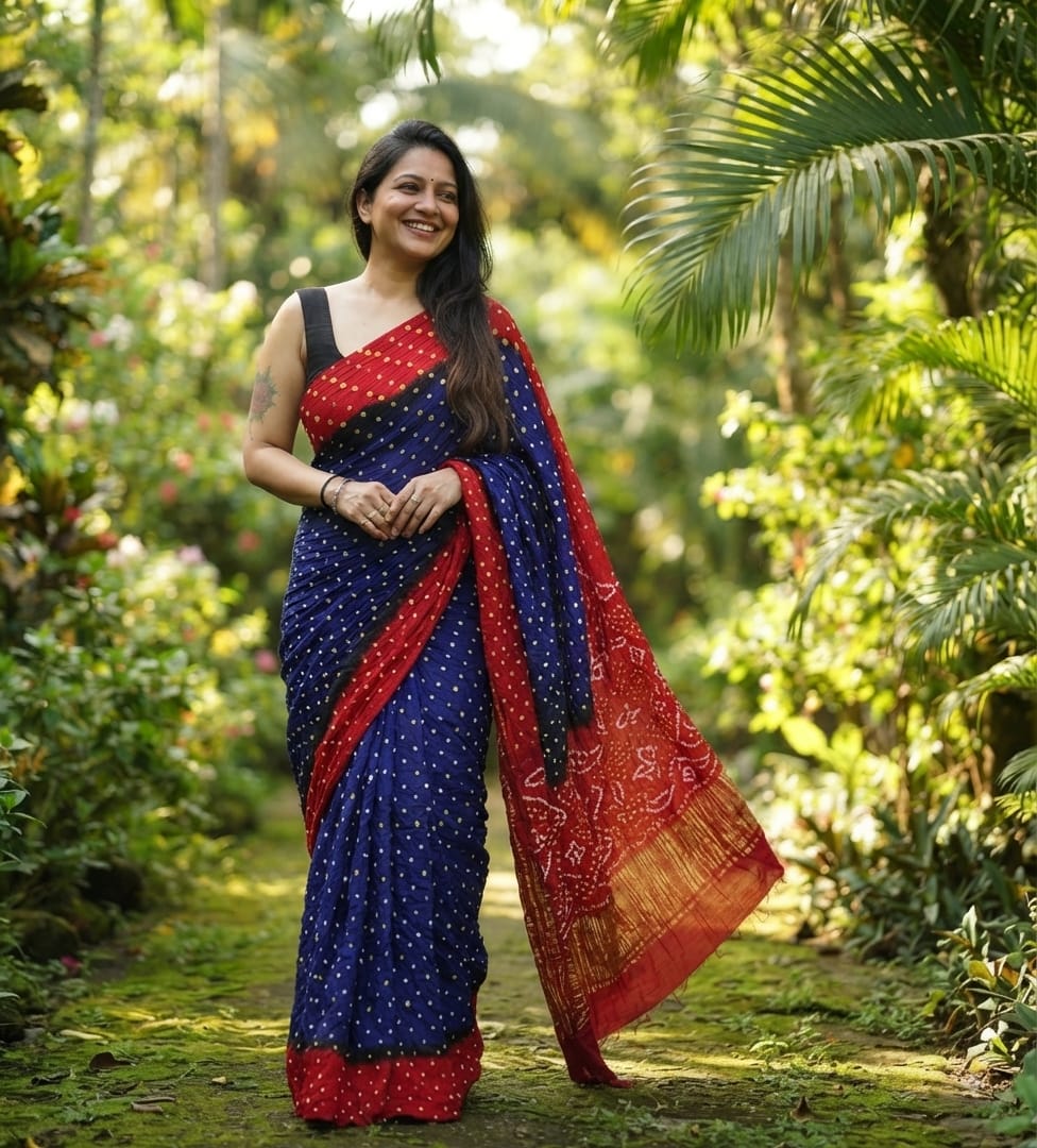 Modal Silk Bandhani Navy Blue & Crimson Red Saree with Lagdi Patta Special pallu
