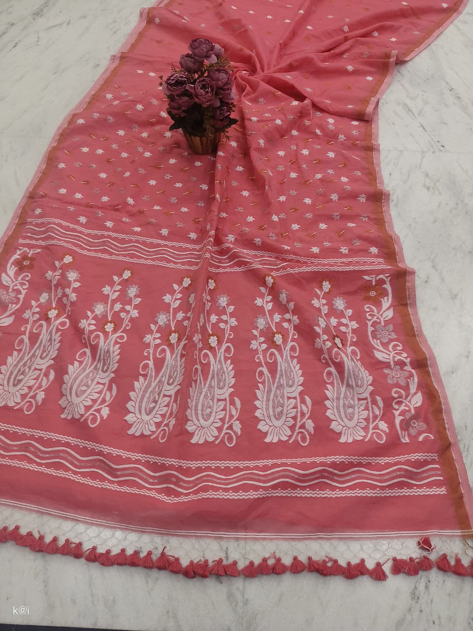 Premium Pink Jamdani Saree with Woven Buttis, Floral Paisley Pallu & Tassel Border