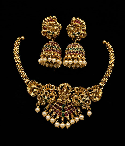 Alluring Goddess Lakshmi Temple Gold Necklace Set with Matching Jhumka Earrings