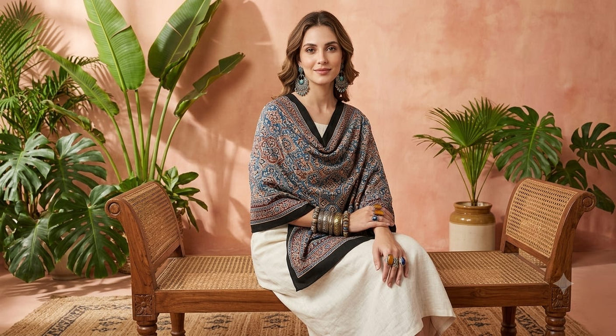 Handcrafted Silk Ajrakh Natural Stole in Teal Blue & Madder Red with Ornate Floral Lattice