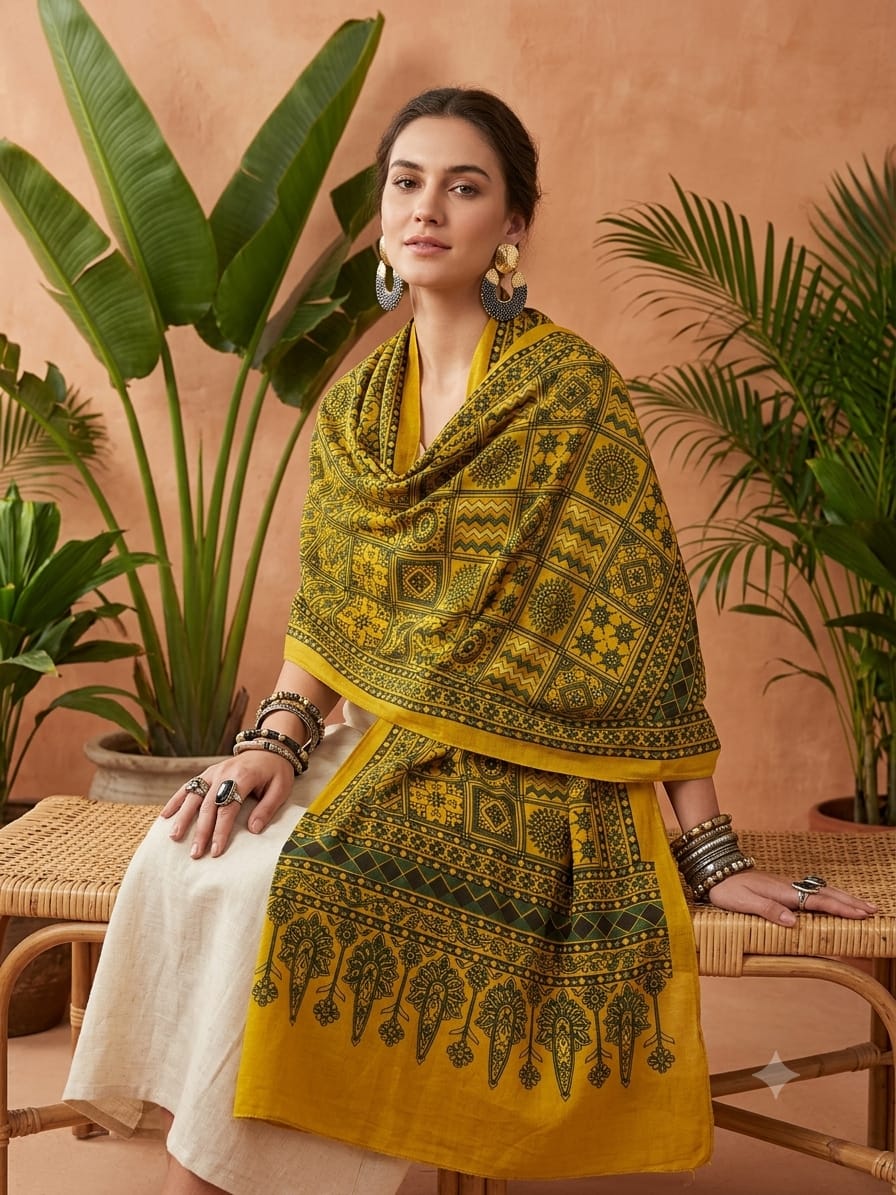 Handcrafted Silk Ajrakh Natural Stole in Mustard Yellow & Olive Green with & Motifs