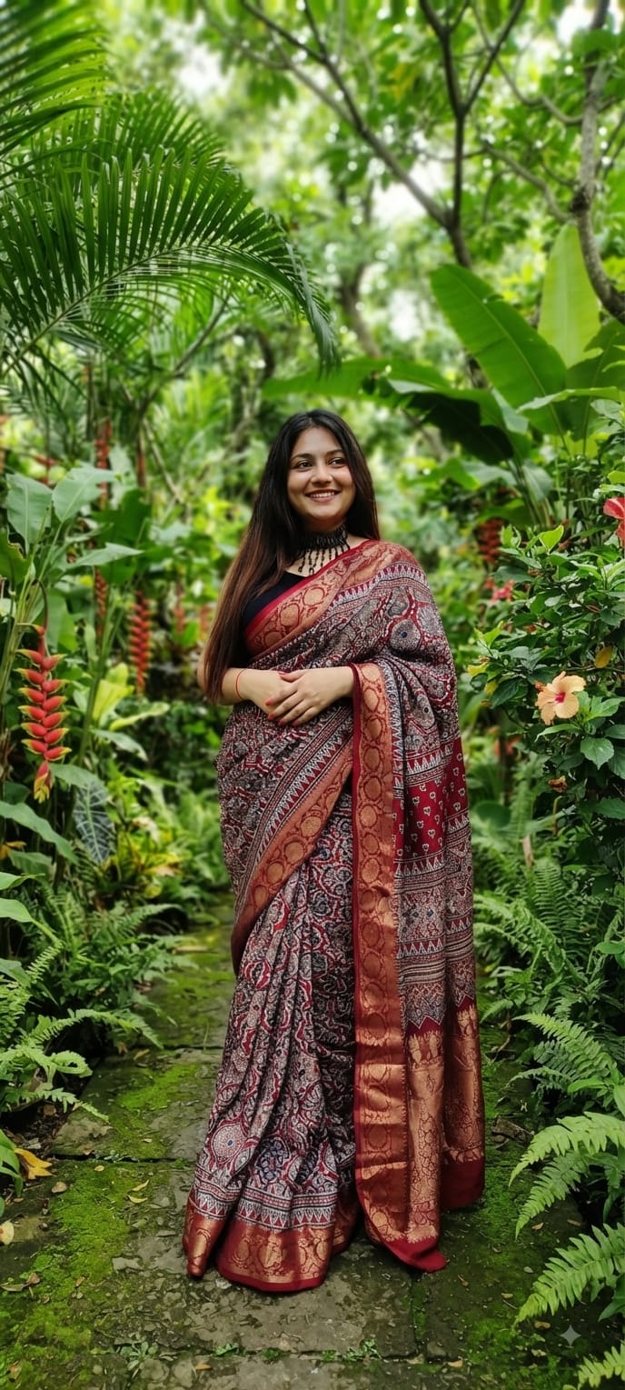 Pure Dola Silk Ajrakh Natural Hand Block Printed Saree in Maroon Red & Indigo Mix with Woven Zari Border