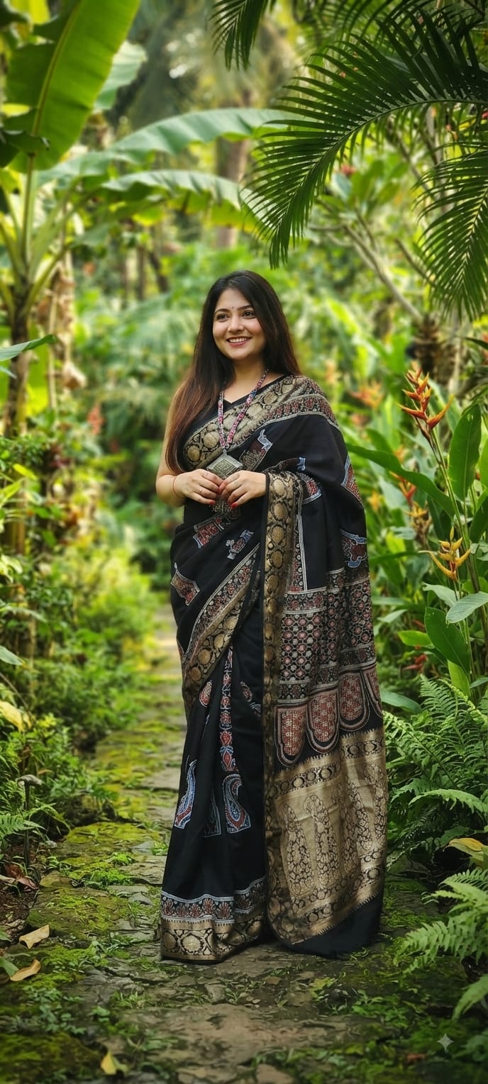 Pure Dola Silk Ajrakh Natural Hand Block Printed Saree in Jet Black with Paisley Motifs & Woven Zari Border