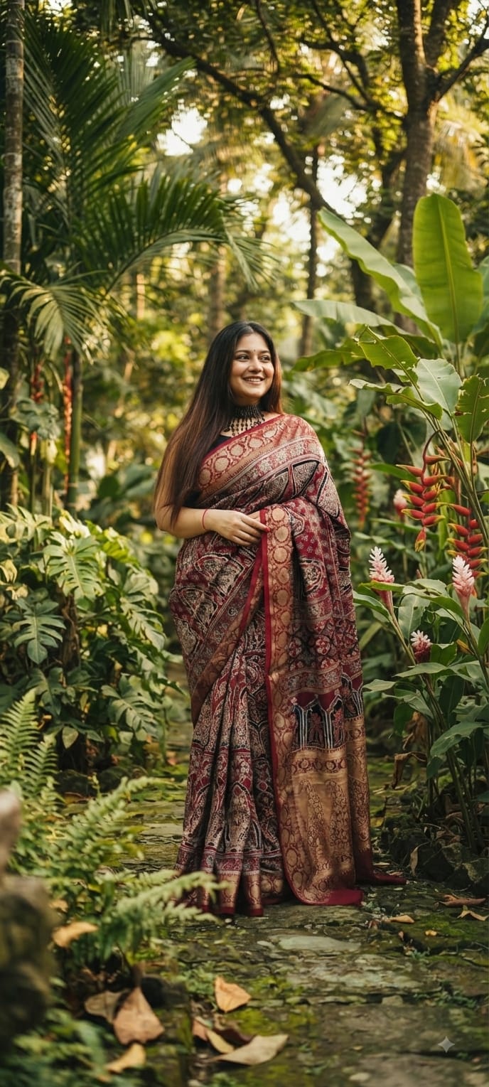 Pure Dola Silk Ajrakh Natural Hand Block Printed Saree in Brick Red & Black with Arch Motifs & Woven Zari Border