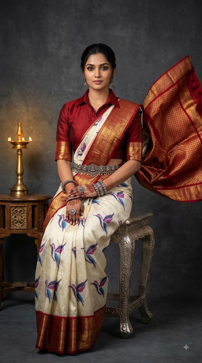 Exclusive Ikkat Pure Silk Saree in Off White with Bird Motifs & Dark Maroon Kanchipuram Zari Border