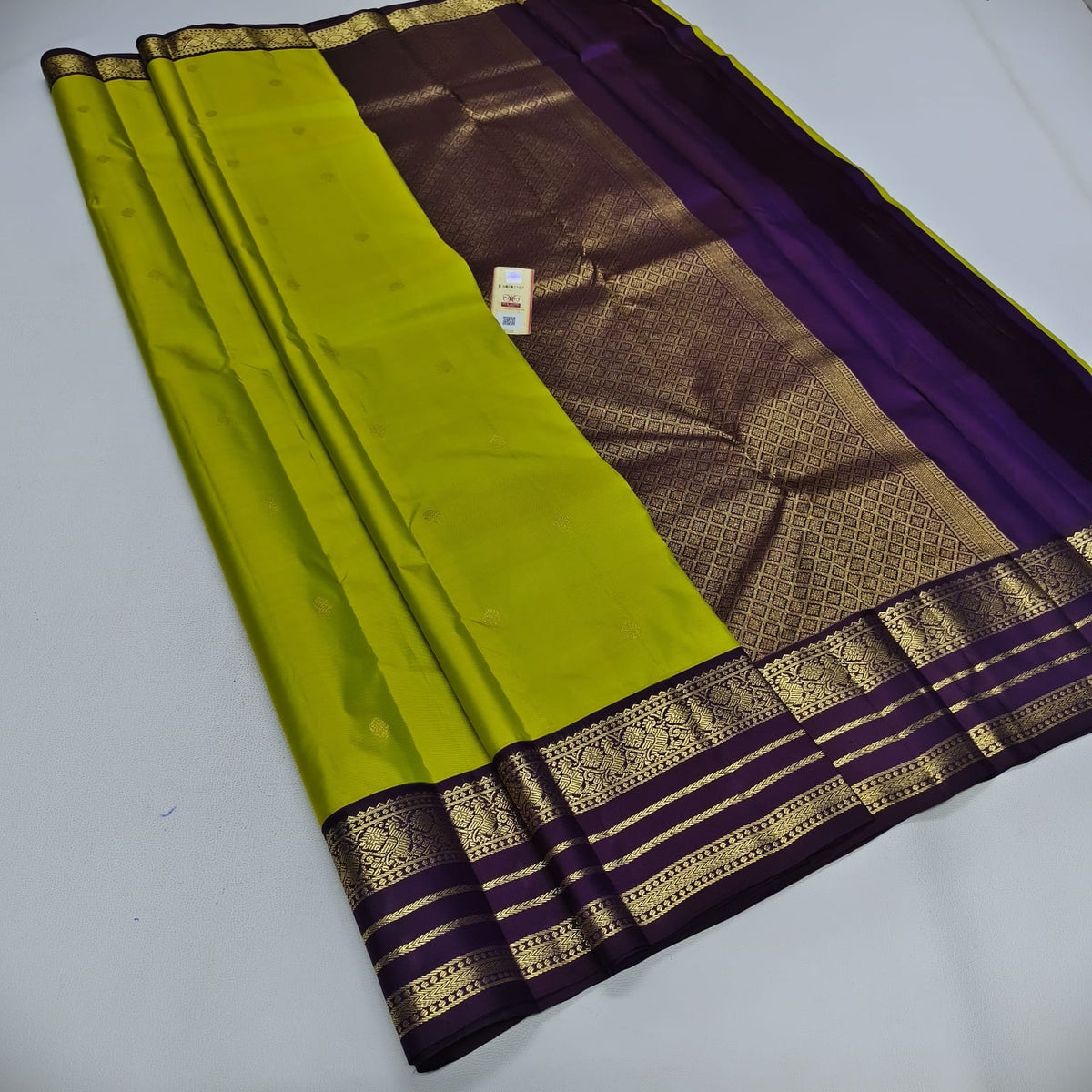 Kanchipuram Silk Saree in Bright Lime Green & Deep Purple with Zari Border-Contrast Pallu