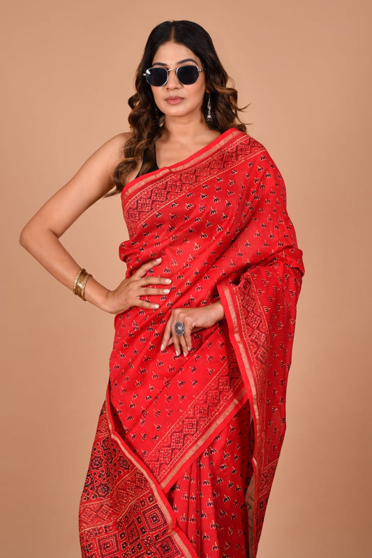Hand Block Printed Bright Red Chanderi Silk Cotton Saree with Motifs