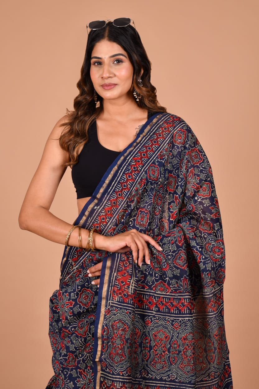 Hand Block Printed Navy Blue & Crimson Chanderi Silk Cotton Saree with Motifs