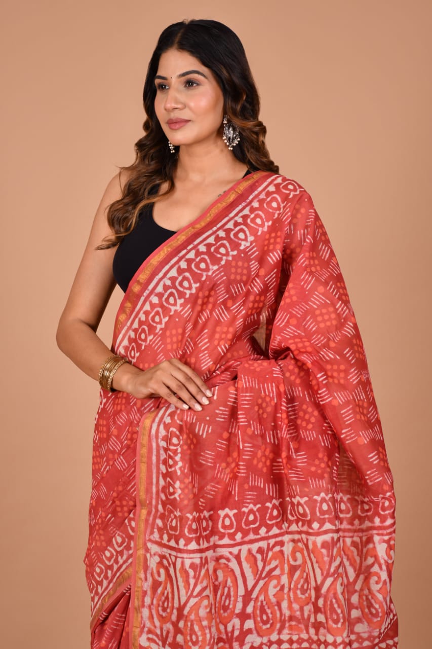 Hand Block Printed Crimson Red Chanderi Silk Cotton Saree with Motifs