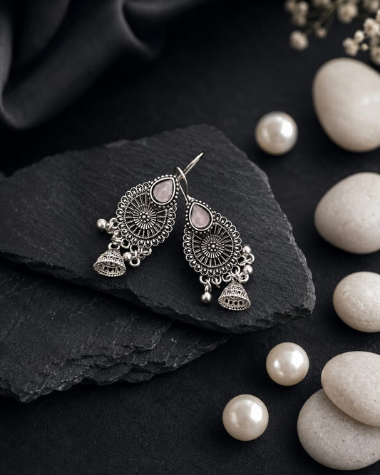 Black Oxidised Silver Mandala Drop Earrings with Turquoise Stone & Mini Jhumki