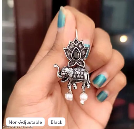 Handcrafted Black Oxidised Silver Lotus & Royal Elephant Drop Earrings with Black Onyx Stone