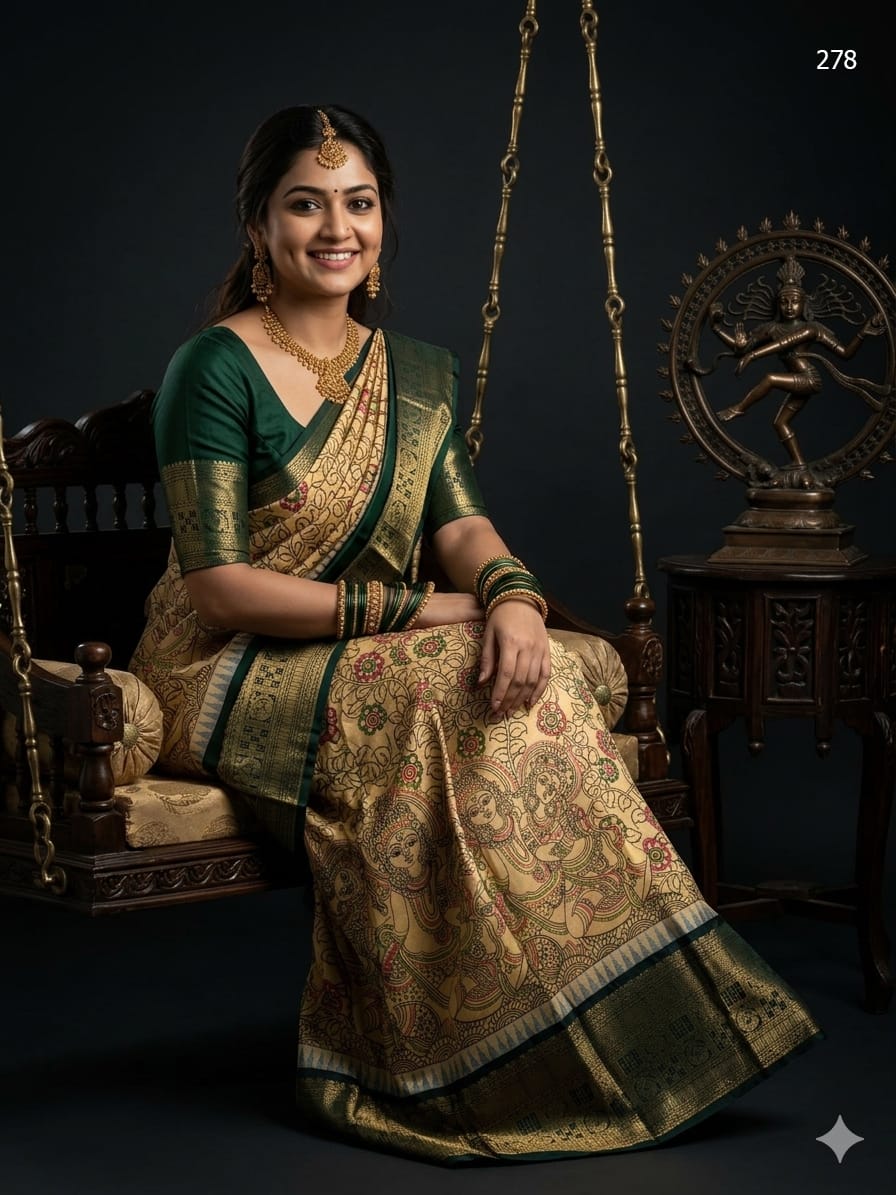 Semi Gadwal Pattu Saree in Muted Sandalwood & Bottle Green with Kalamkari Goddess Deities & Floral Jaal Digital Print & Zari Border