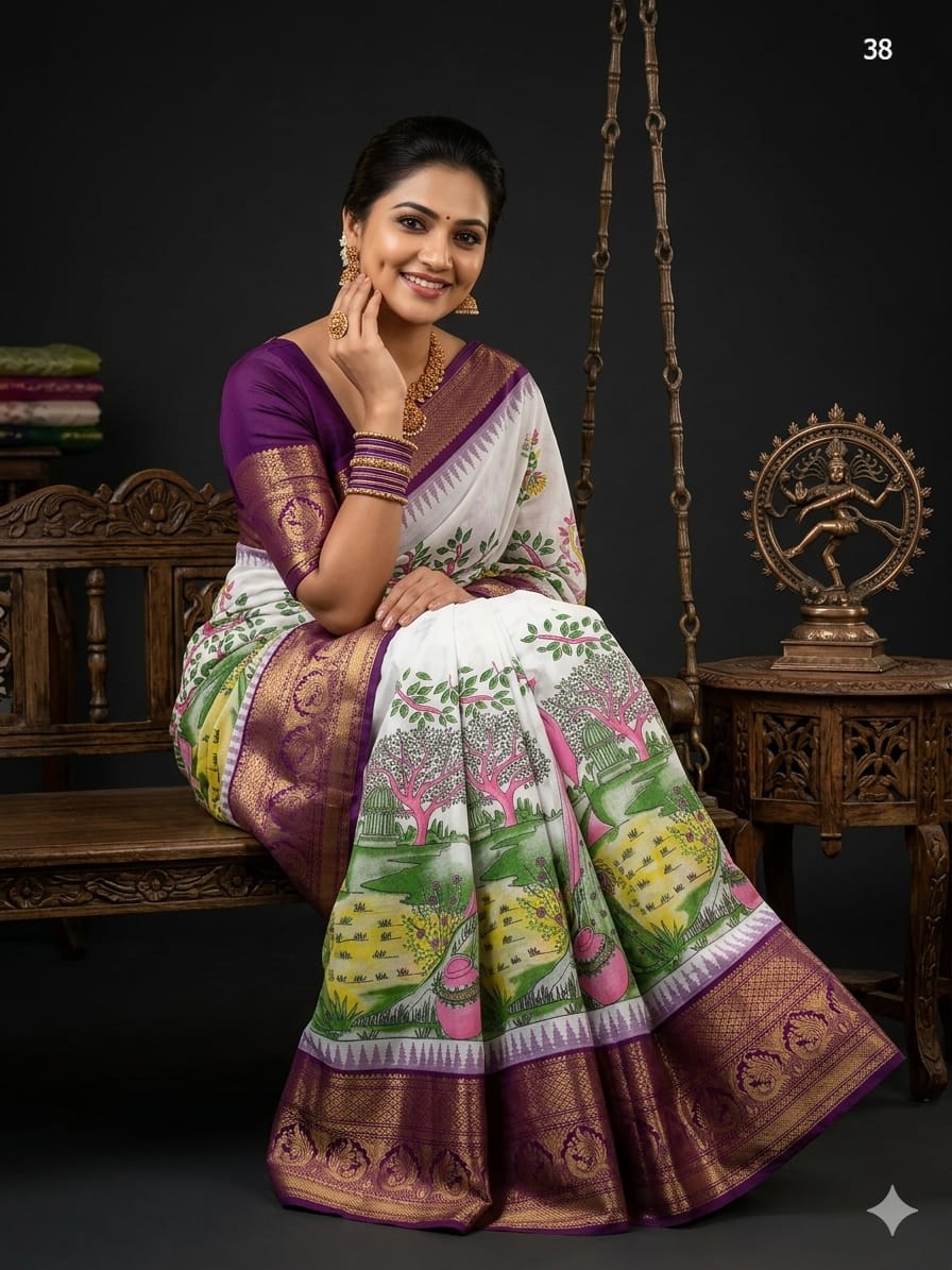 Semi Gadwal Pattu Saree in Off-White & Royal Purple with Vrindavan Garden Village Landscape Digital Print & Zari Border