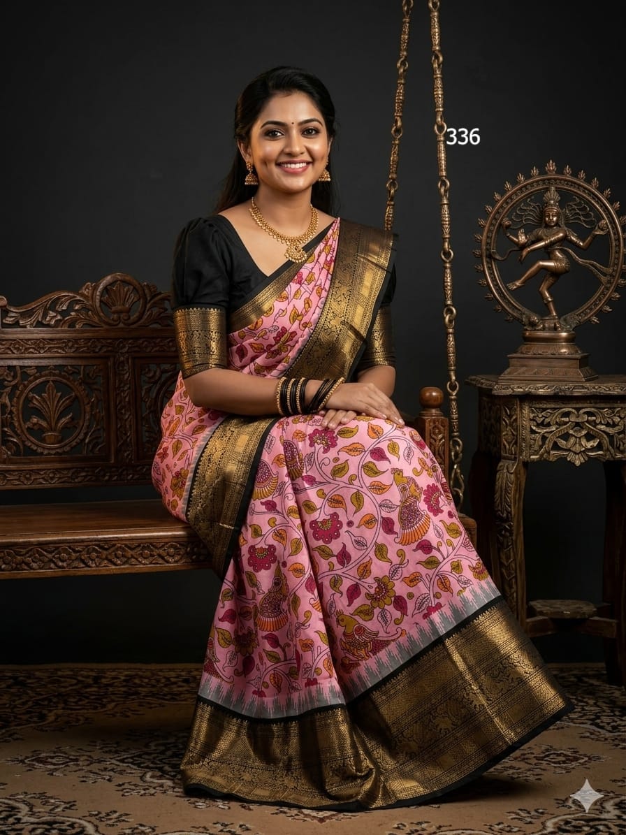 Semi Gadwal Pattu Saree in Baby Pink & Jet Black with Kalamkari Peacock & Floral Vine Digital Print & Zari Border
