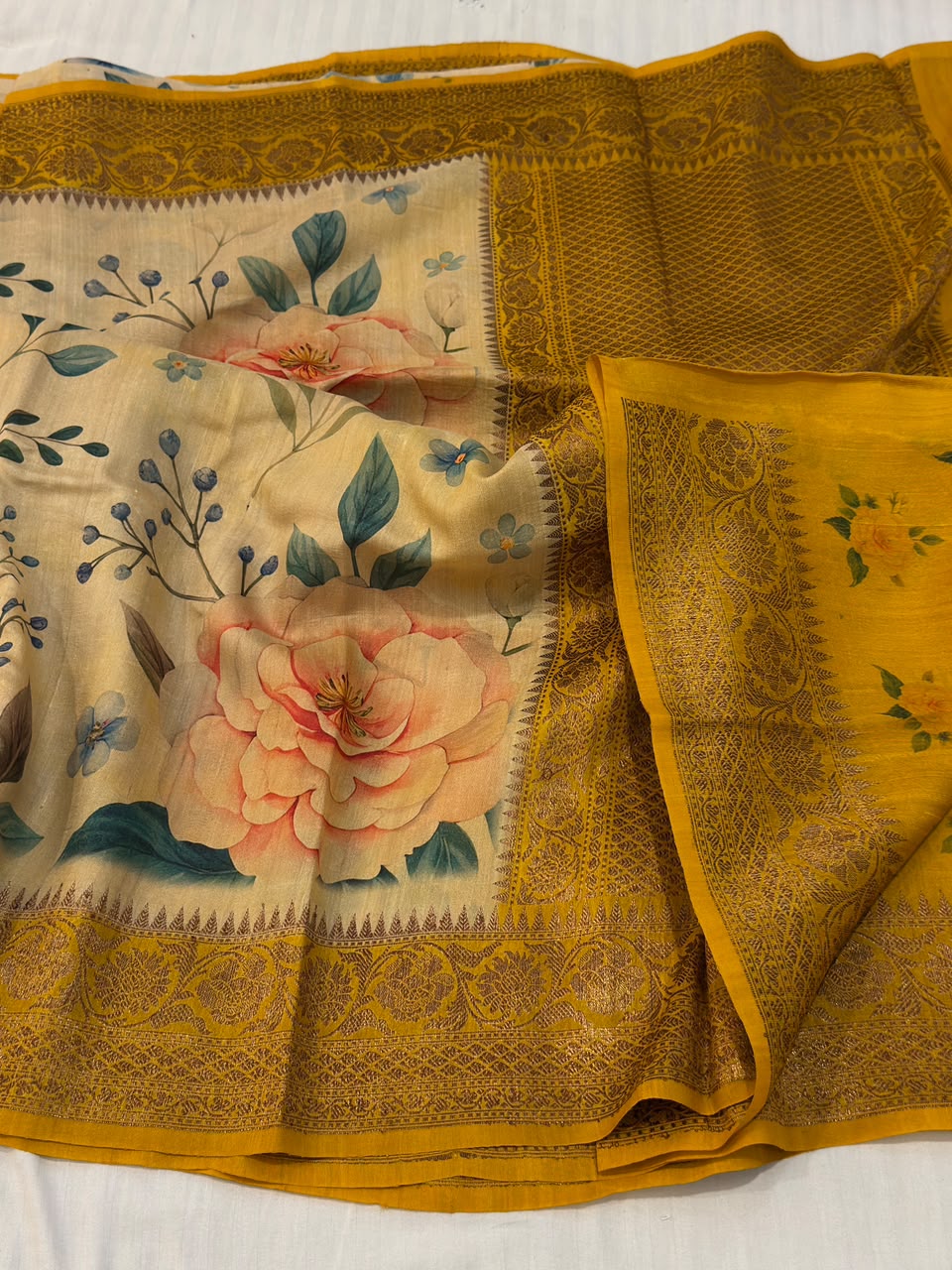 Pure Tussar Silk Handloom Banarasi Saree in Mustard Goldan with Floral Digital Print