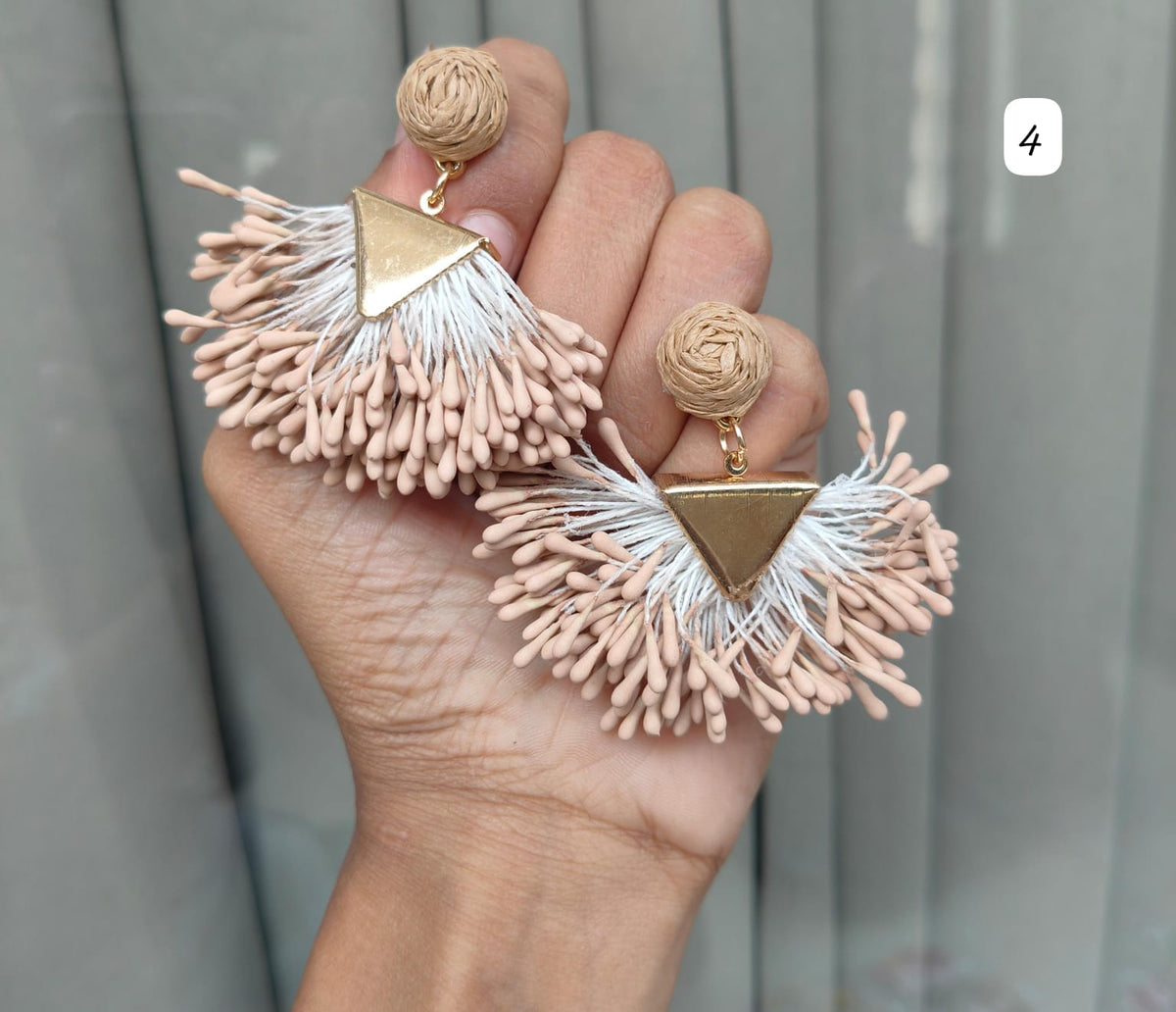 Handcrafted Peach- Beige & White Thread Pair Of Beautiful Jute Earrings