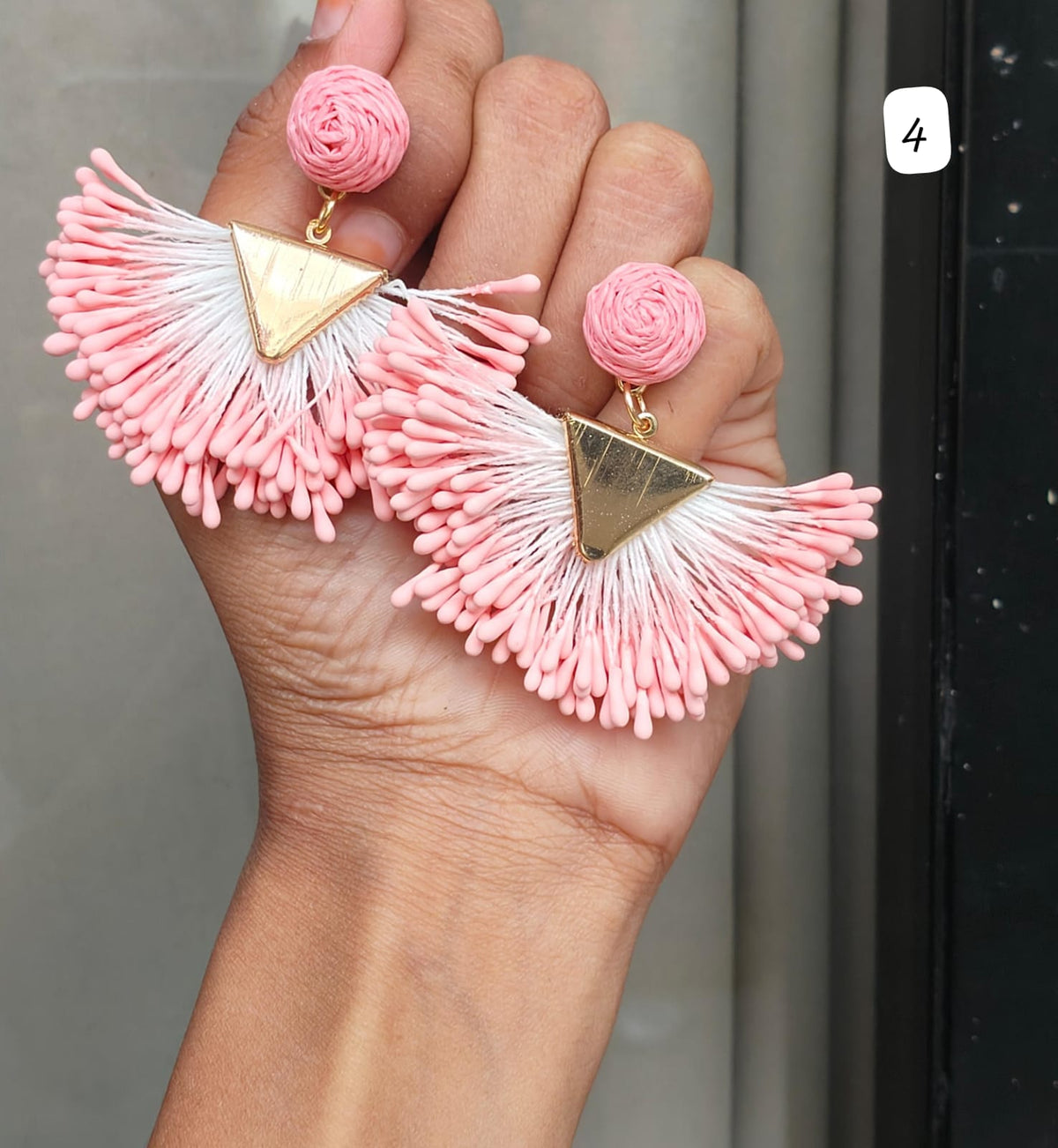 Handcrafted Baby Pink & White Jute Thread pair of beautiful jute Goldan earrings