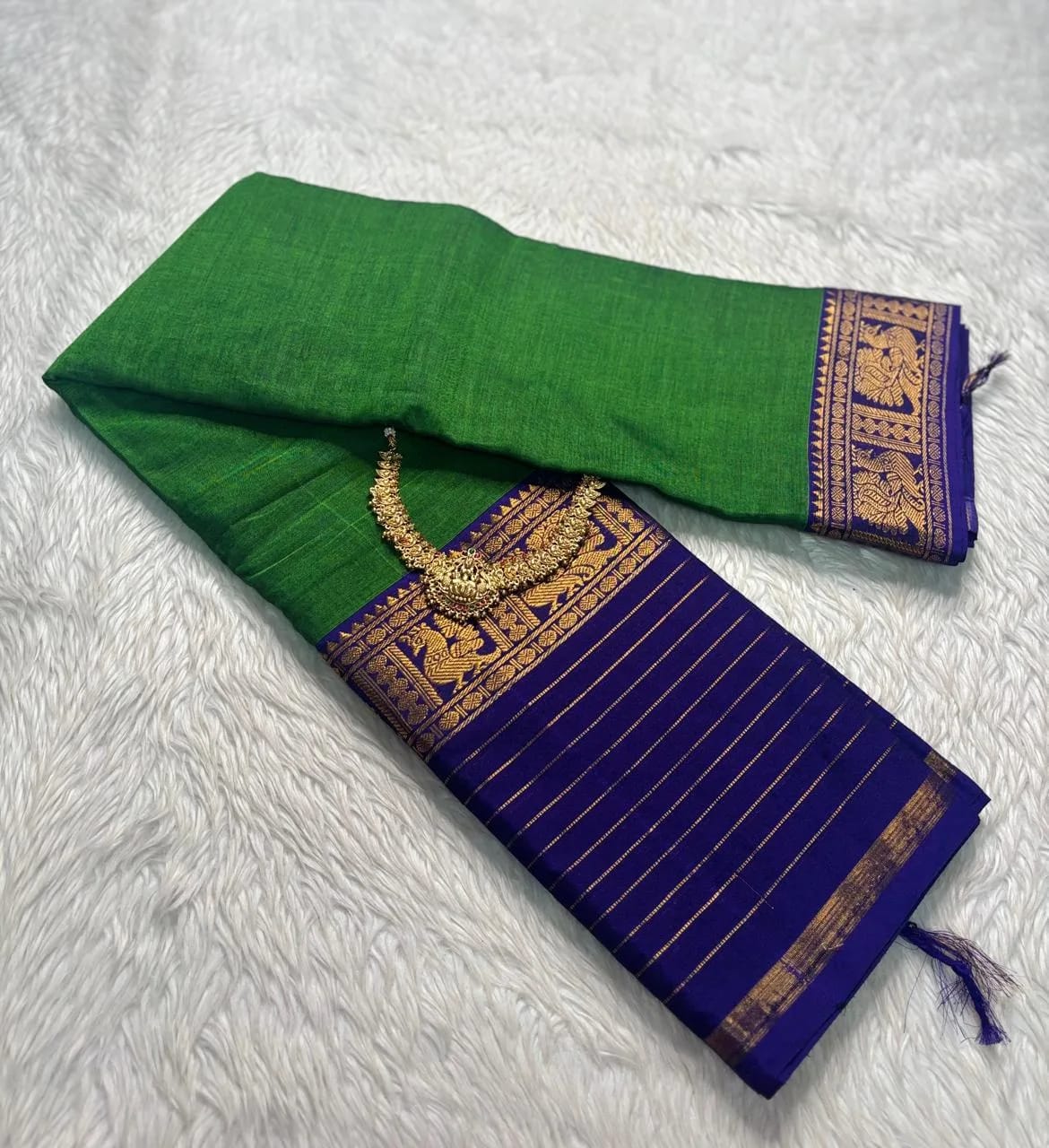 Trending narayanpet Green & Ink Blue merserised cotton saree with golden zari peacock motifs