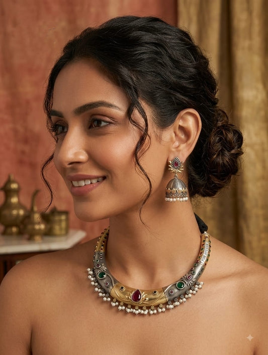 Regal dual tone choker set with matching jhumkas and hanging pearls