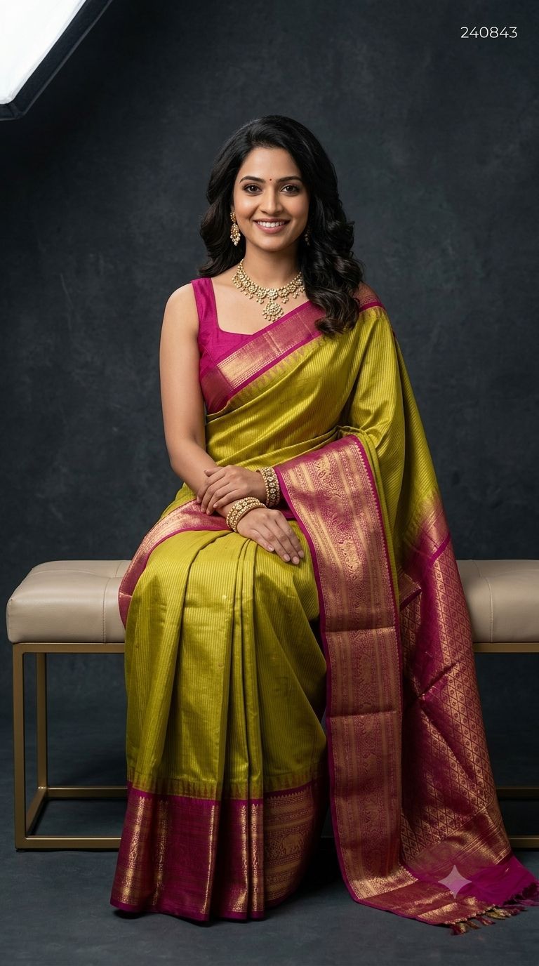 Premium Gadwal Semi Silk Saree in Goldan Yellow with Stripes & Contrast Magenta Pink Zari Border