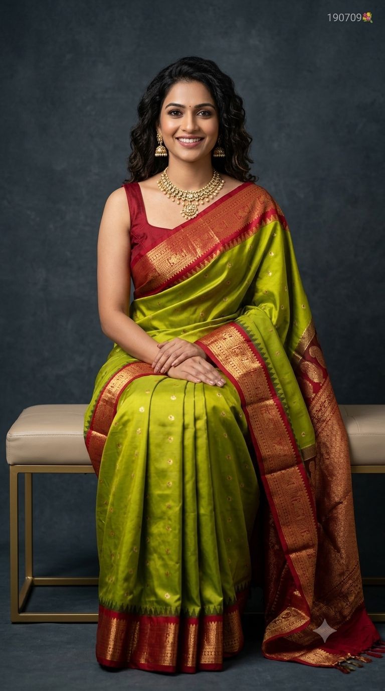 Premium Gadwal Semi Silk Saree in Parrot Green with Gold Zari Buttas & Contrast Crimson Red Border