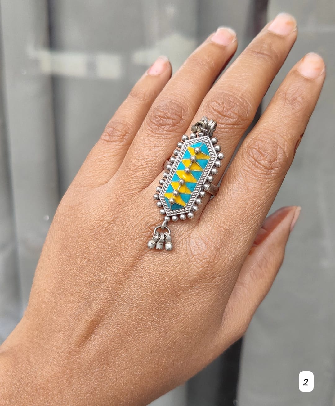 Unique Oxidised silver lookalike Amrapali adjustable ring with ghungroo and enamel work