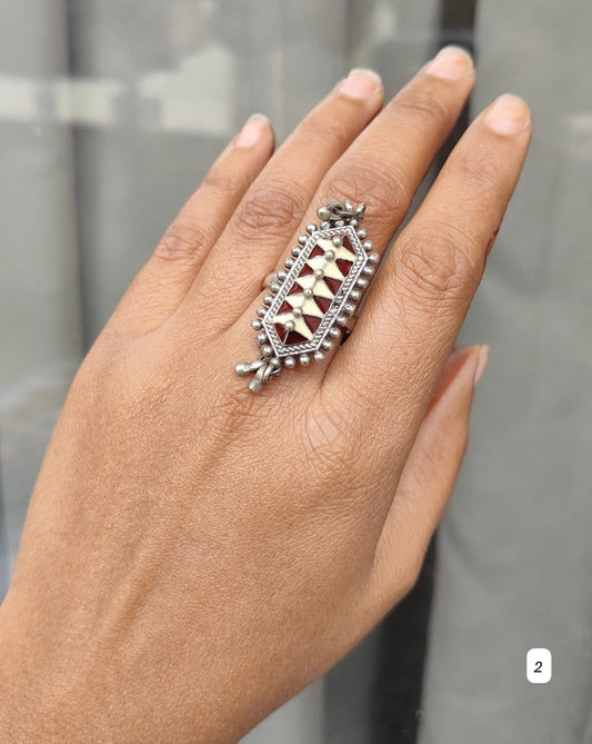 Unique Oxidised silver lookalike Amrapali adjustable ring with ghungroo and enamel work
